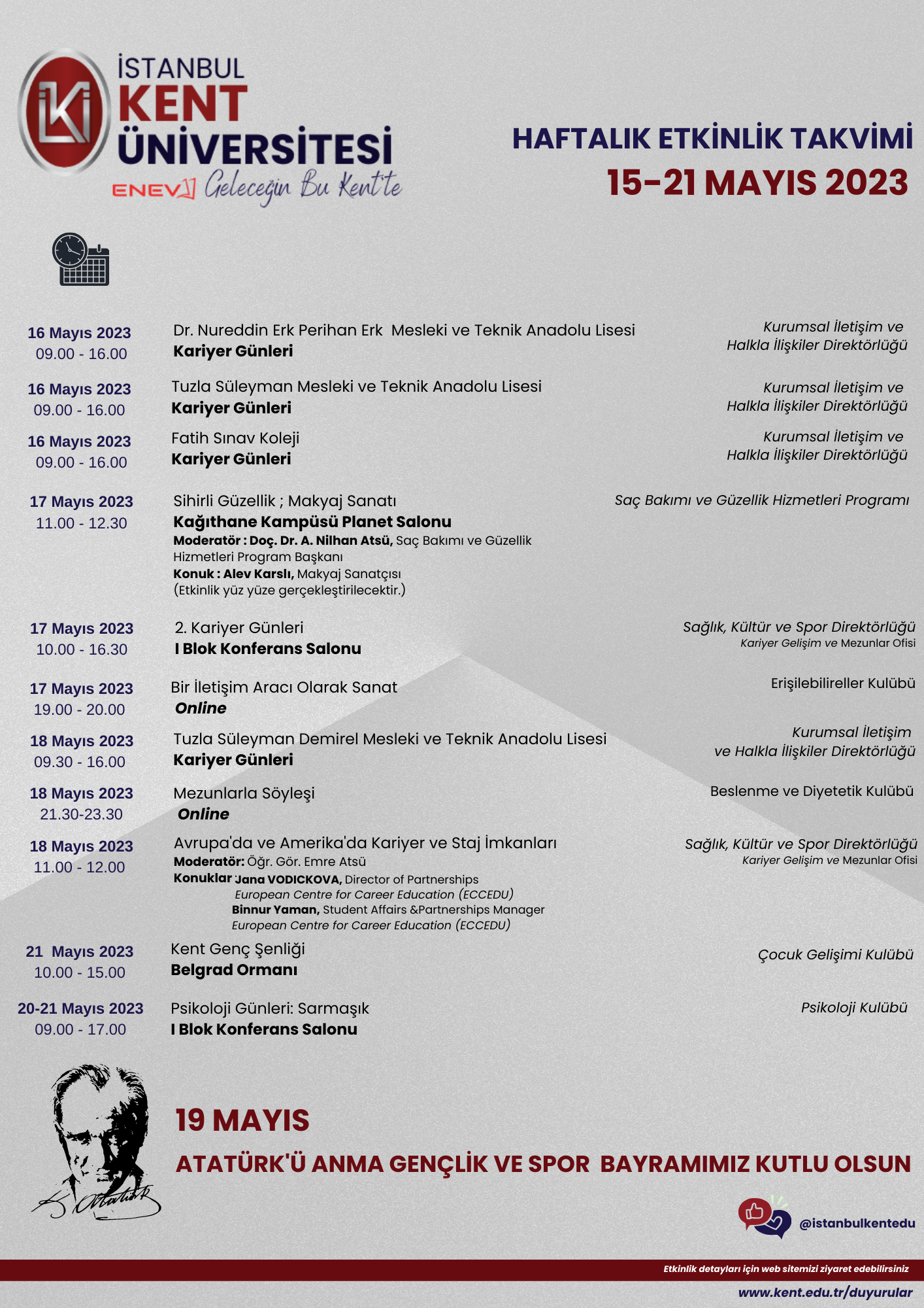 15-21 Mayıs 2023 İstanbul KENT Üniversitesi Haftalık Etkinlikler