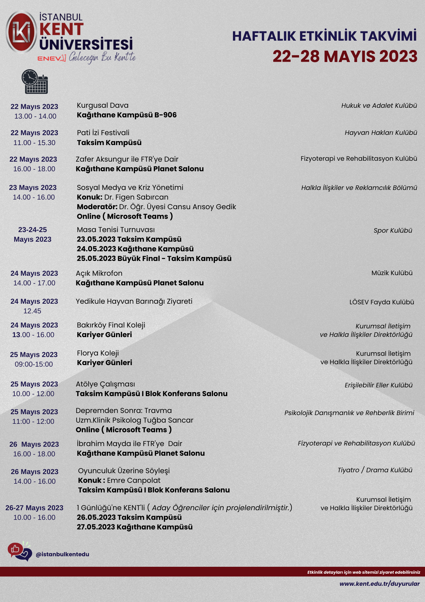 22-28 May 2023 Istanbul KENT University Weekly Events